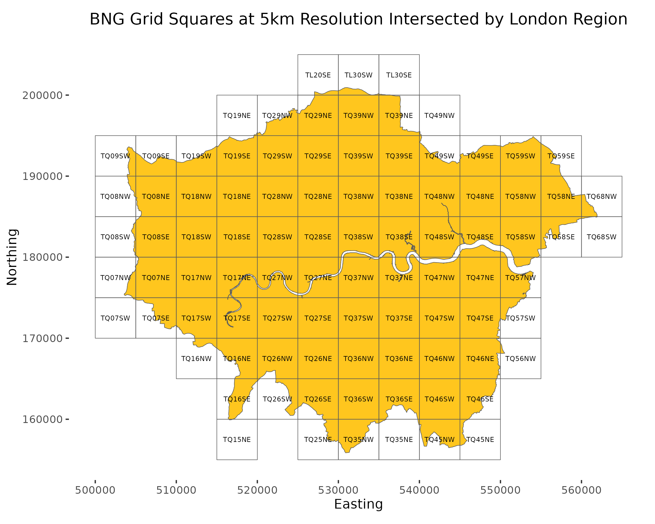 BNG Grid Squares at 5km Resolution Intersected by London Region